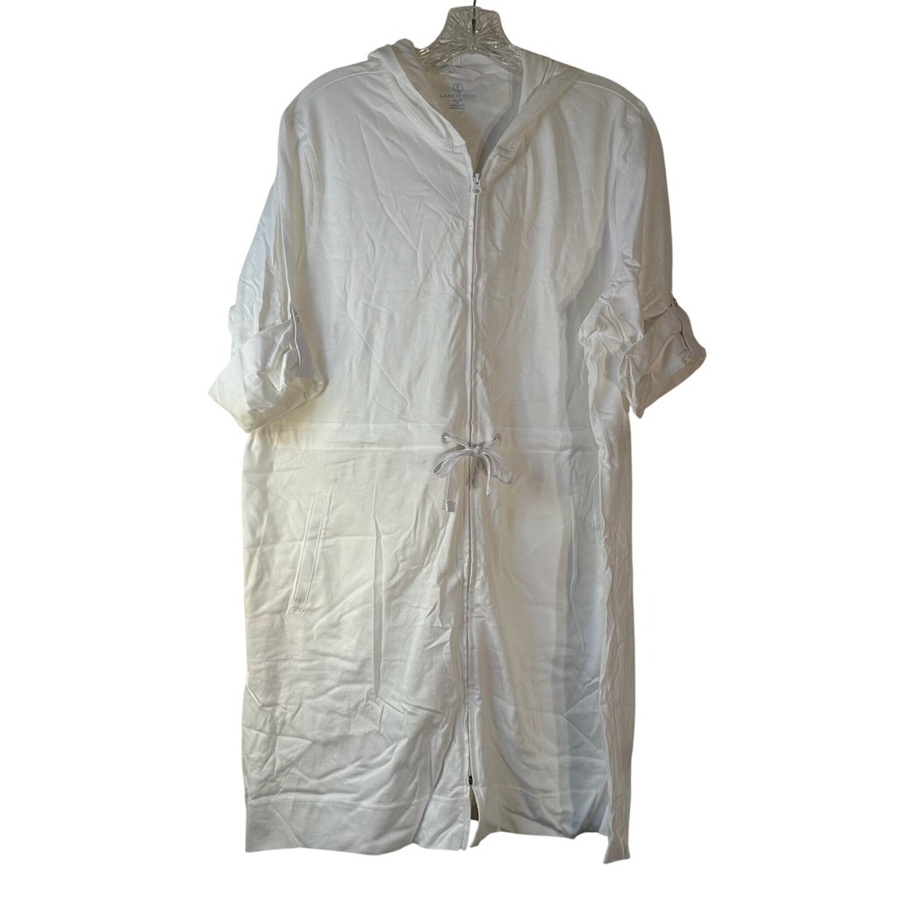 Lands End Womens White Cotton Zip Up Hooded Swim Cover Up‎ Dress XL Petite 18